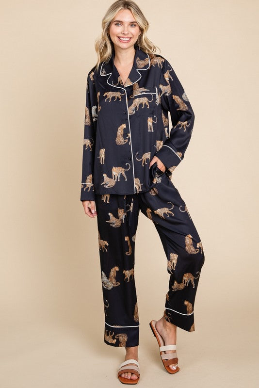Lucia Satin Cheetah Print Pajama Set