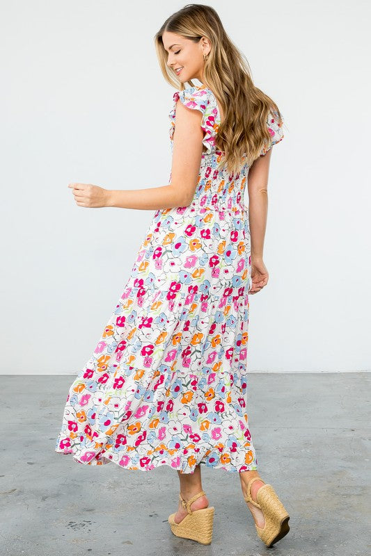 Astrid Smocked Floral Print Tiered Midi Dress