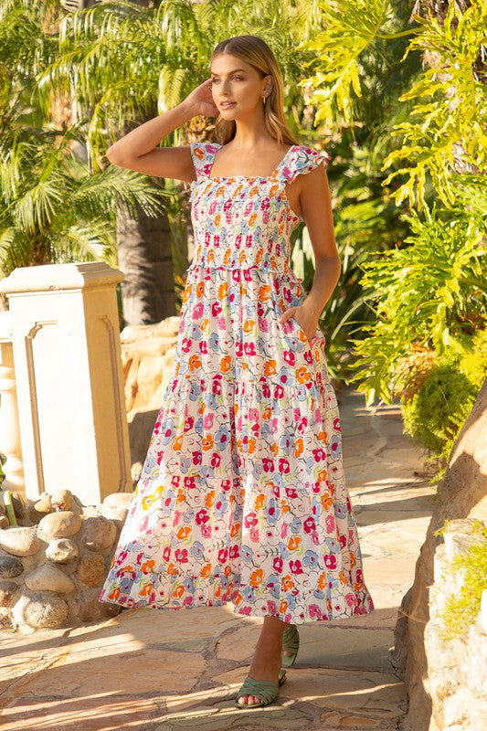 Astrid Smocked Floral Print Tiered Midi Dress