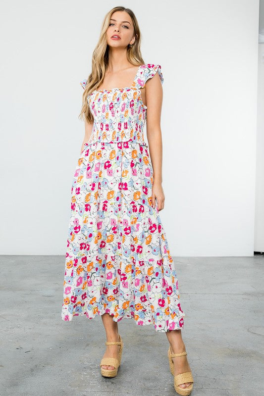 Astrid Smocked Floral Print Tiered Midi Dress