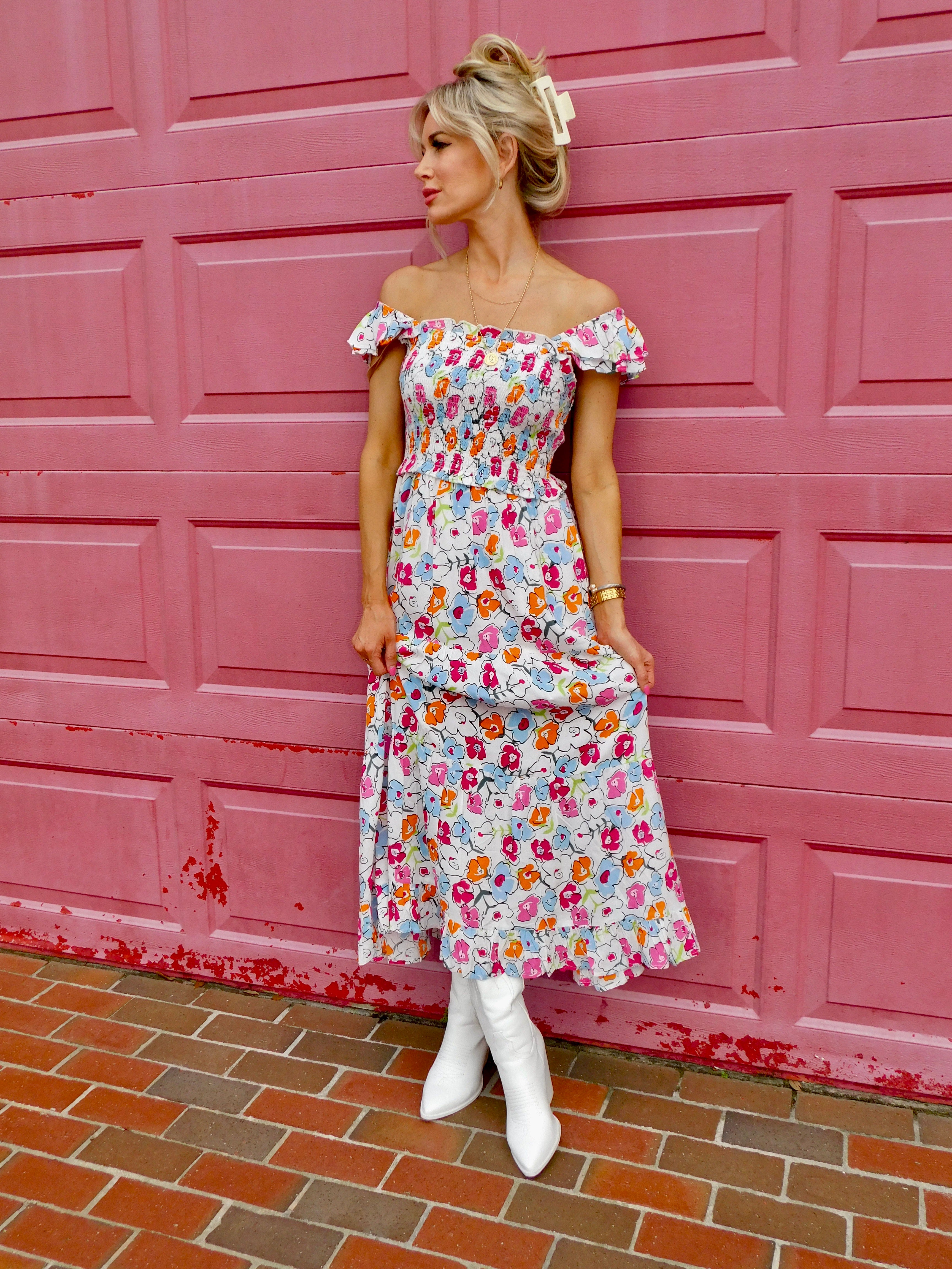 Astrid Smocked Floral Print Tiered Midi Dress