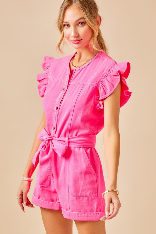Portia Ruffle Sleeve Belted Denim Romper