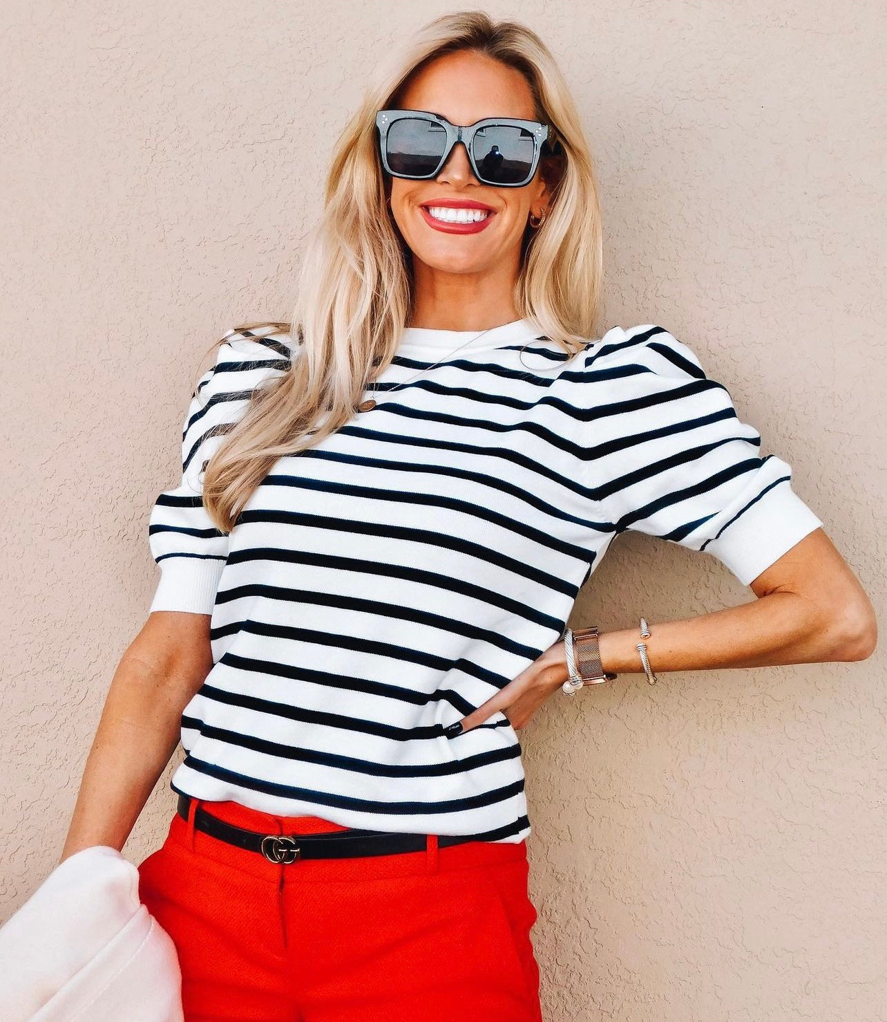 Ava Crewneck Puff Short Sleeve Stripe Sweater Top