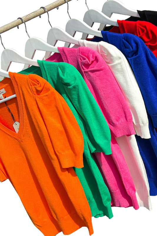 Adley V-Neck Short Puff Sleeve Sweater